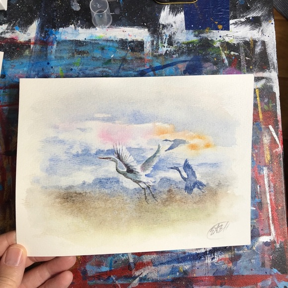 Original Egrets Watercolor Painting Birds Flight Art Landscape Decor Artettina - Picture 6 of 9